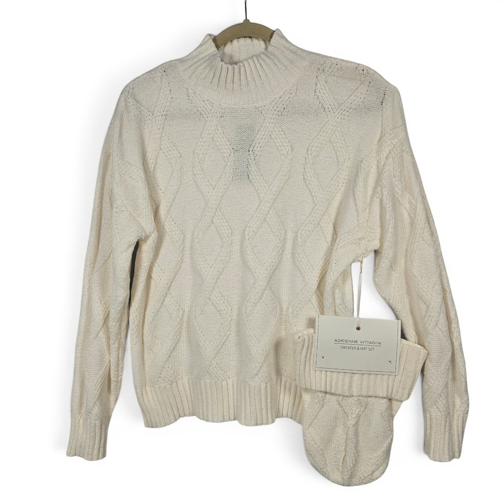 Adrienne Vittadini Cream Cable Knit Sweater and Hat Set Petite Large NWT